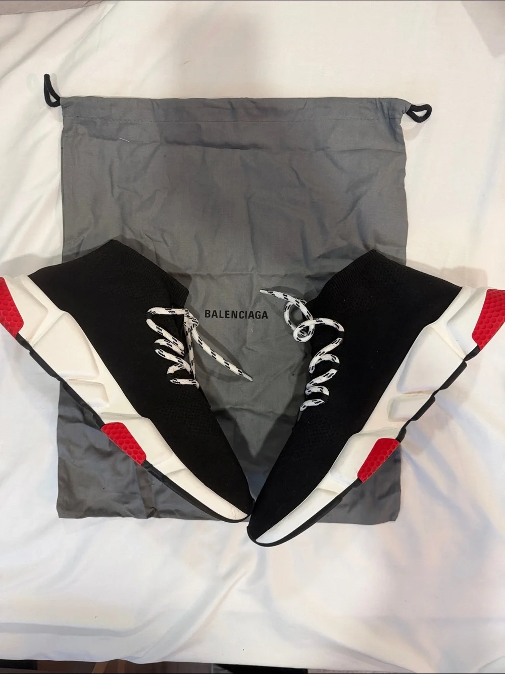 Balenciaga Black Knit Sock Sneakers with Red Sole Accents